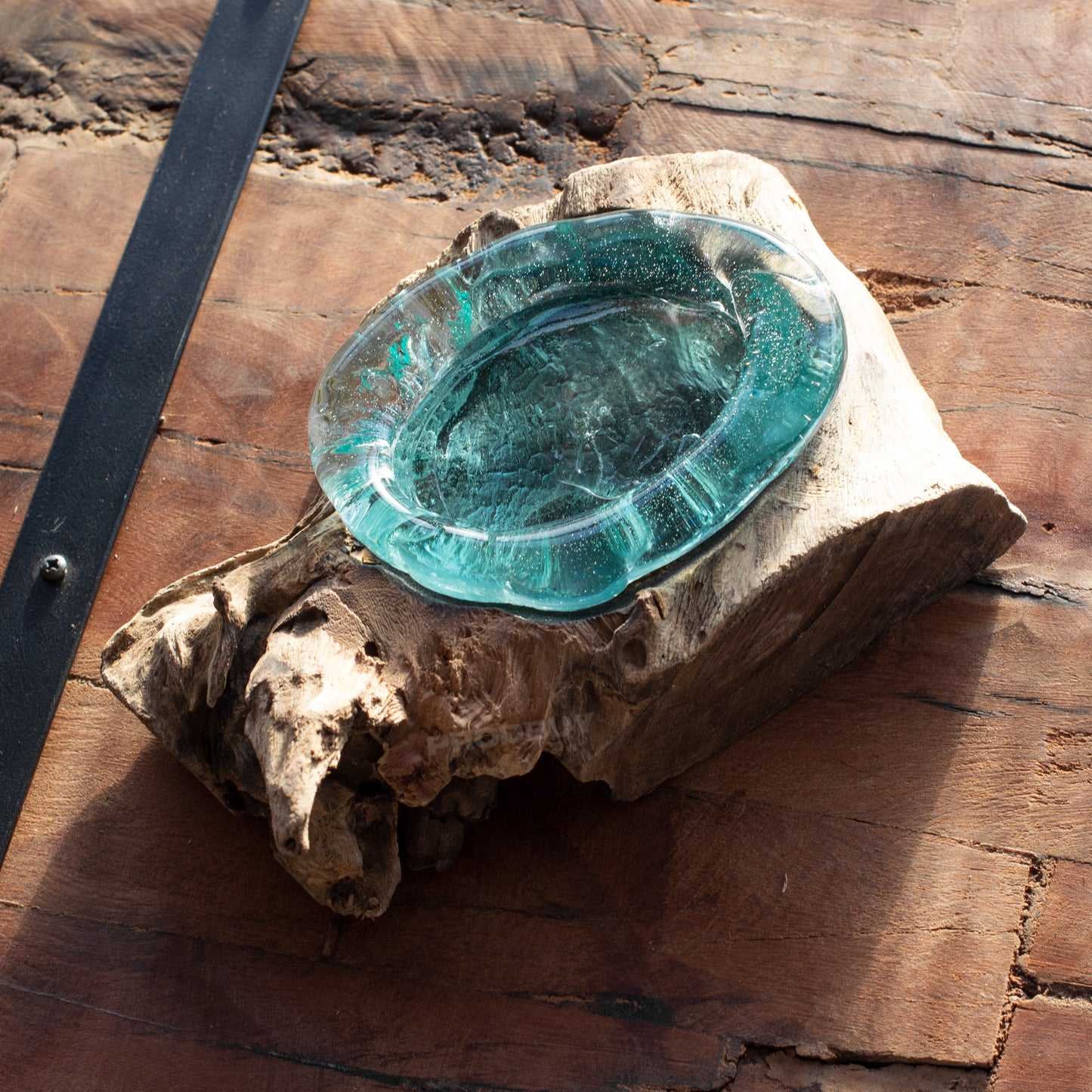 Molten Glass Oval Soap Dish on Teak Root Wood Base
