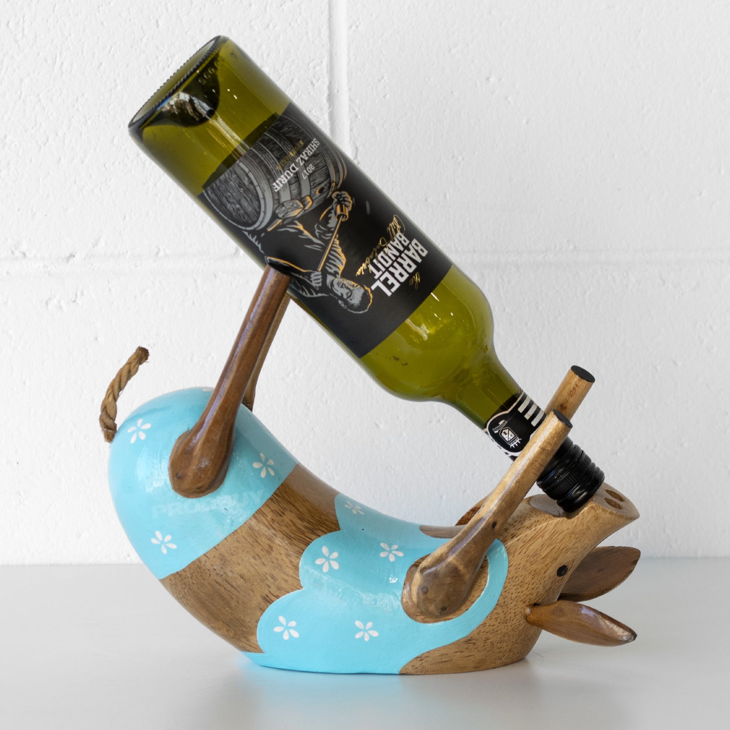 Drunken Blue Pig Wooden Wine Bottle Holder Ornament