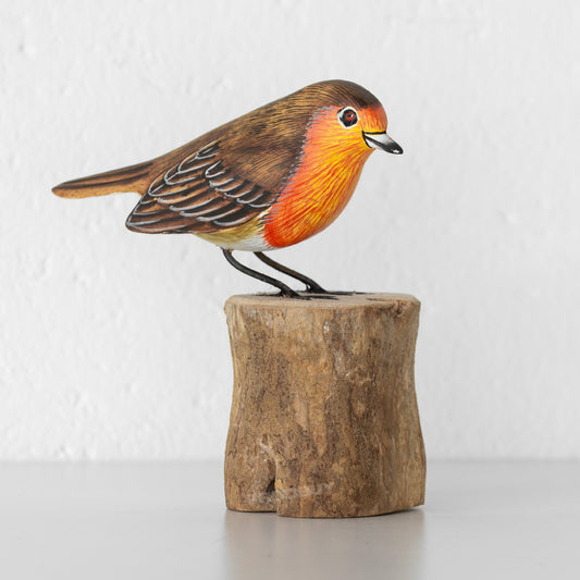 Small Wooden Robin on Perch Ornament