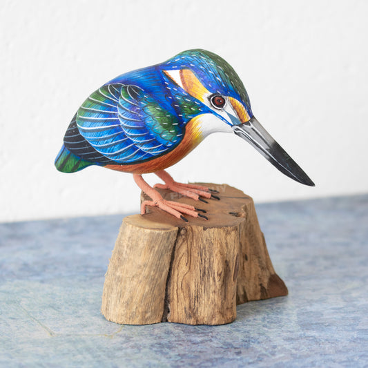 Small Wooden Kingfisher Bird on Perch Ornament