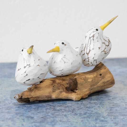 Three White Wooden Birds on Perch Ornament