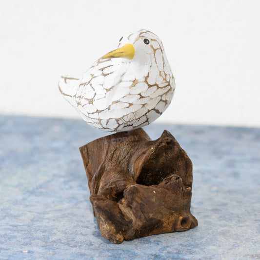 Small White Wooden Bird on Perch Ornament