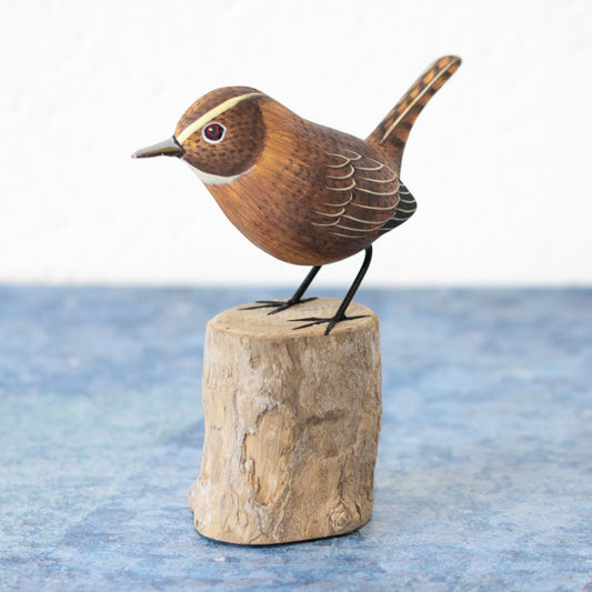Small Wooden Wren Bird on Perch Ornament