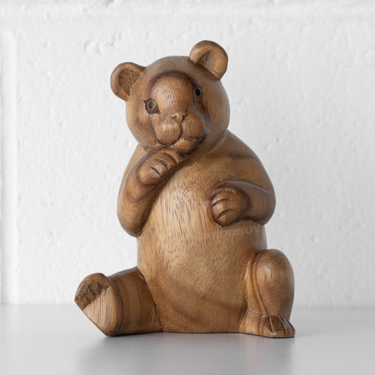 Hand Carved Wooden 'Shy' Teddy Bear 16cm