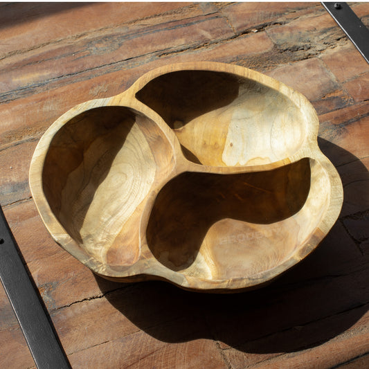 Teak Root Wood 3 Section Hand Carved Serving Bowl