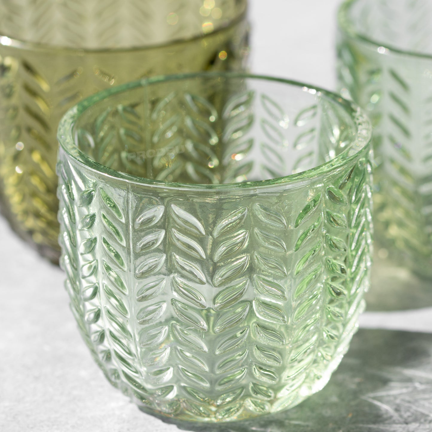 Set of 4 Floral Green Glass Tea Light Holders