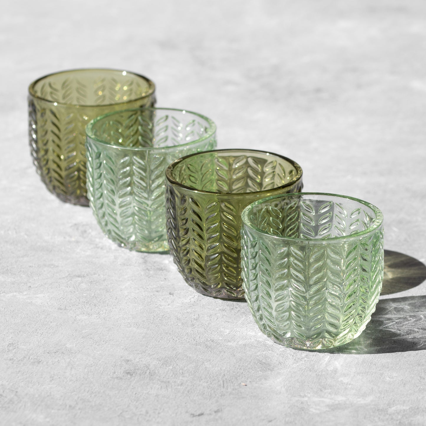 Set of 4 Floral Green Glass Tea Light Holders