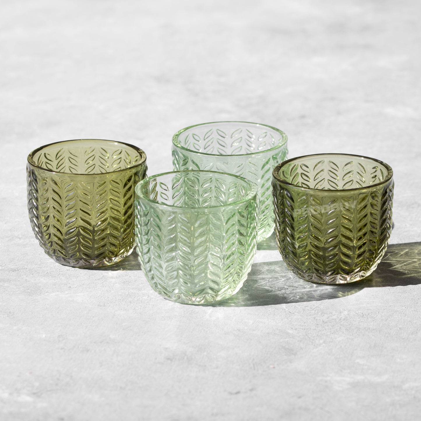 Set of 4 Floral Green Glass Tea Light Holders