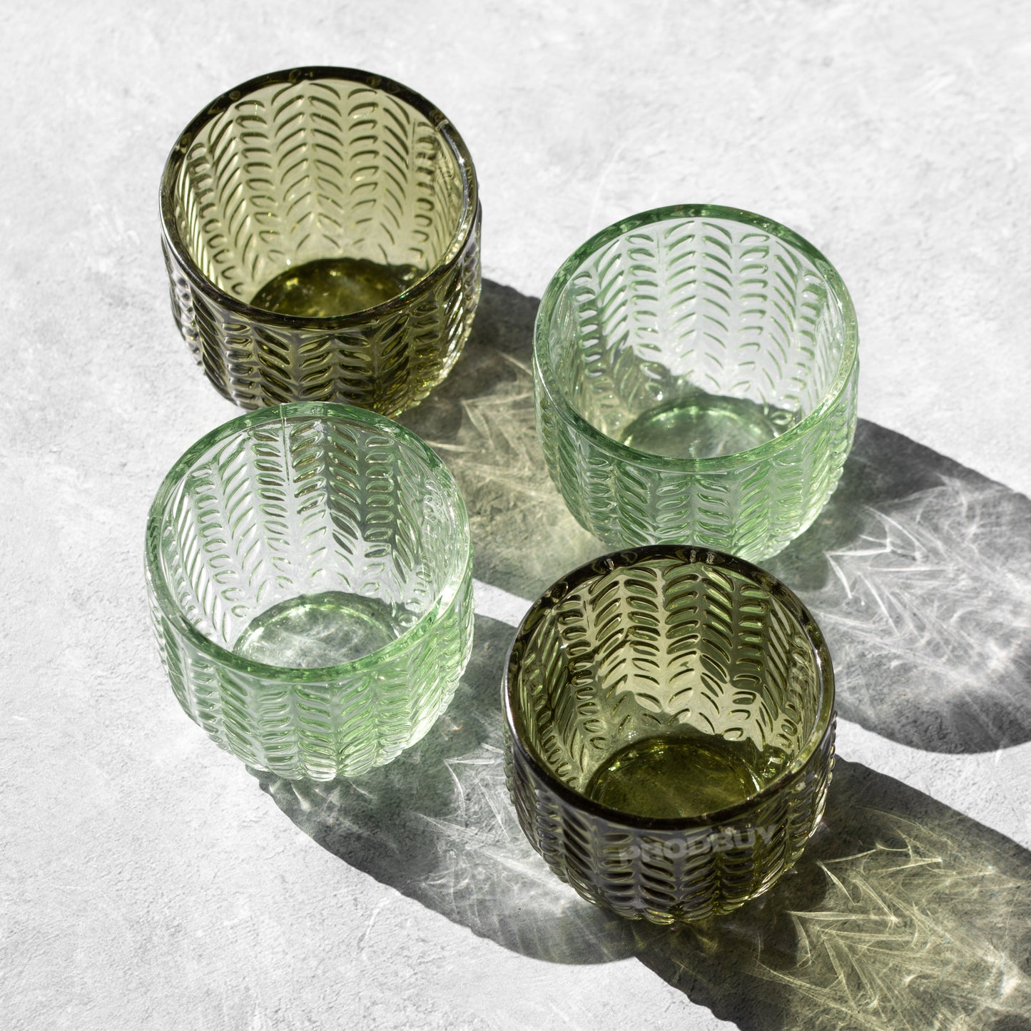 Set of 4 Floral Green Glass Tea Light Holders