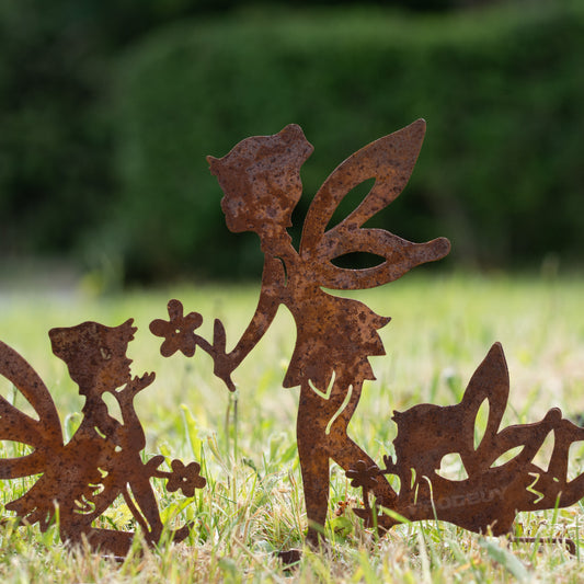 Set of 4 Fairies Rusty Metal Fairy Garden Stake Silhouettes