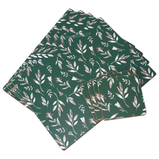 Set of Dark Green Leaves 4 Placemats & 4 Coasters