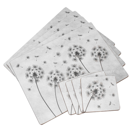 Set of 4 Placemats & 4 Coasters with Grey Dandelions