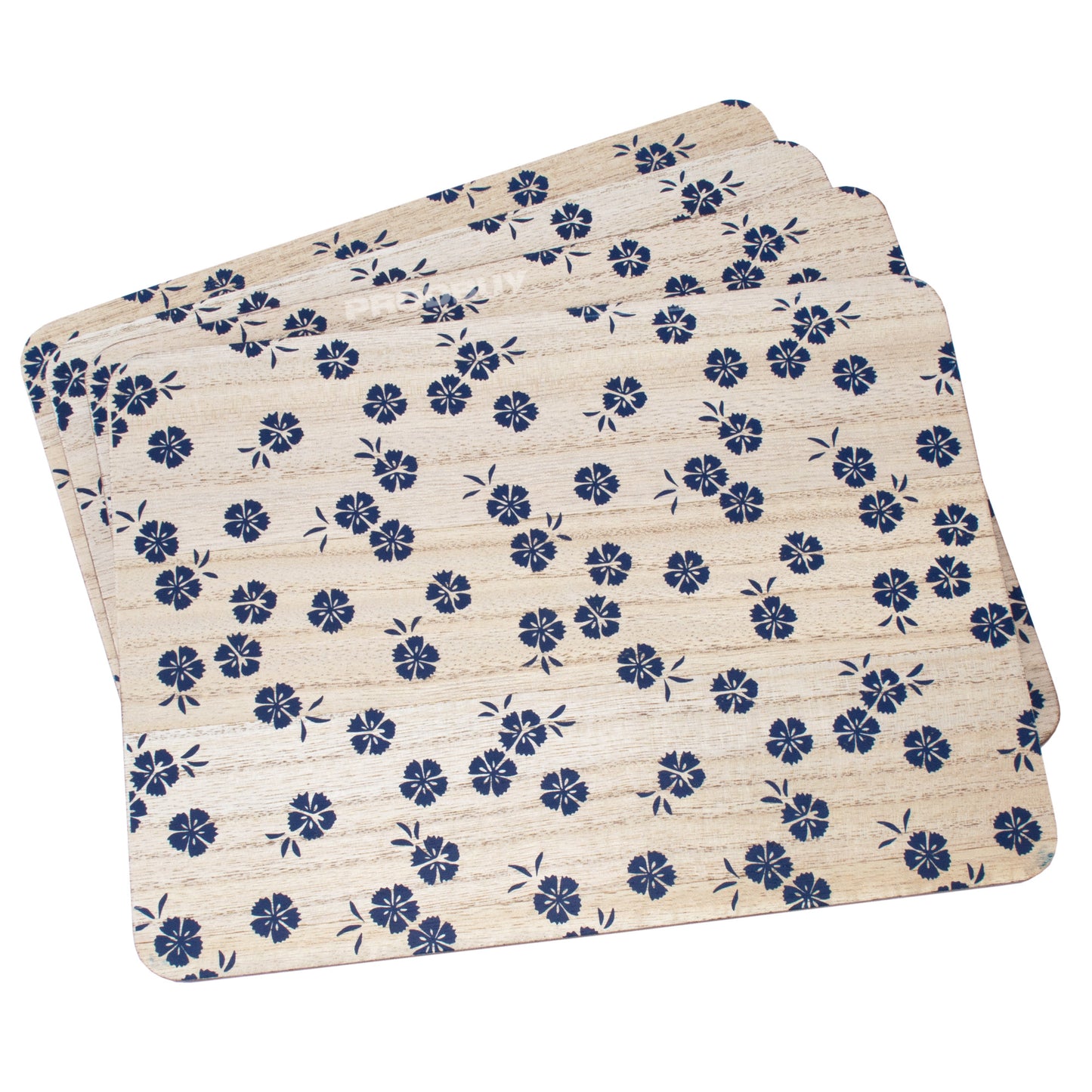 Pack of 4 Wooden Placemats with Blue Flowers Print