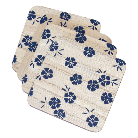 Pack of 4 Wooden Coasters with Blue Flowers Print