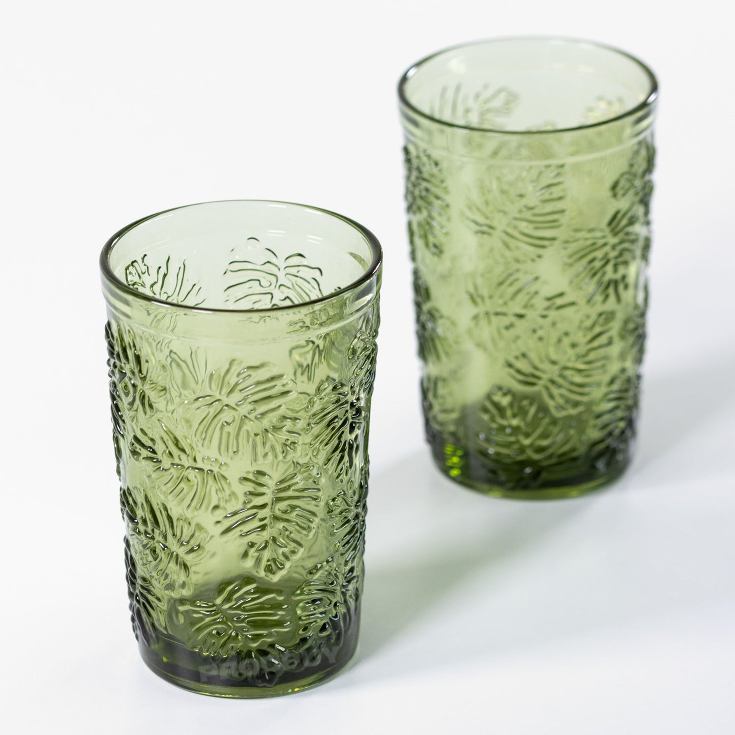 Set of 2 Floral Green Glass High Ball Tumblers