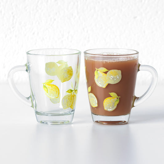 Set of 2 Latte Glasses 250ml Clear Glass Coffee Mugs with Amalfi Lemons Design