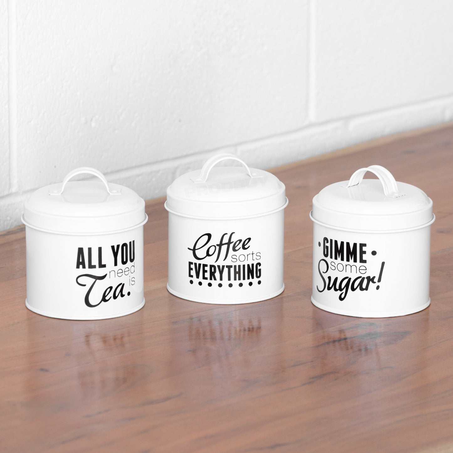 White & Black Text Tea Coffee Sugar Canisters Storage Set