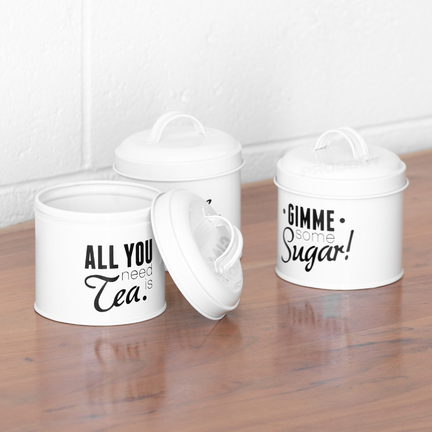 White & Black Text Tea Coffee Sugar Canisters Storage Set