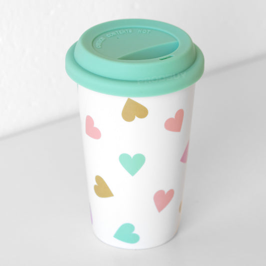 Confetti Hearts Travel Mug Insulated Double Walled Thermal Cup