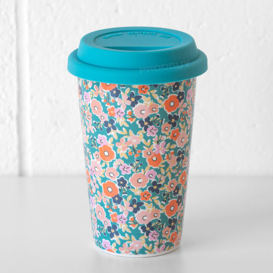 Blue Floral Insulated Ceramic Travel Mug