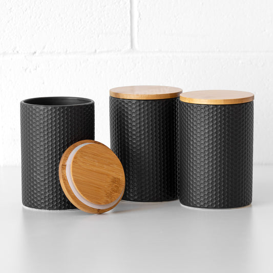 Set of 3 Black Geometric Kitchen Storage Jars with Bamboo Lids