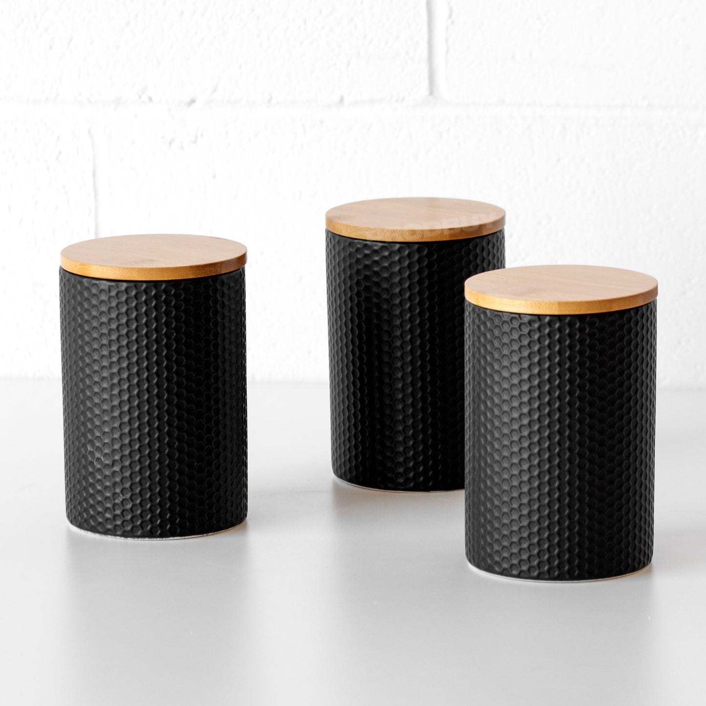 Set of 3 Black Geometric Kitchen Storage Jars with Bamboo Lids