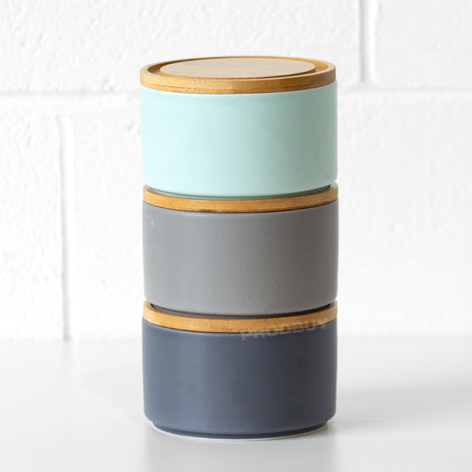 Stackable 3 Piece Ceramic Storage Canister Set with Bamboo Lids