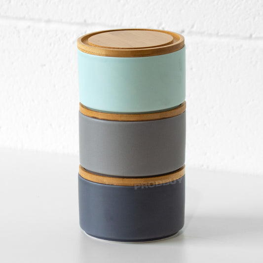 Stackable 3 Piece Ceramic Storage Canister Set with Bamboo Lids