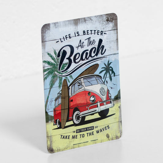 'Life Is Better At The Beach' Small 14x10cm VW Metal Garage Wall Sign