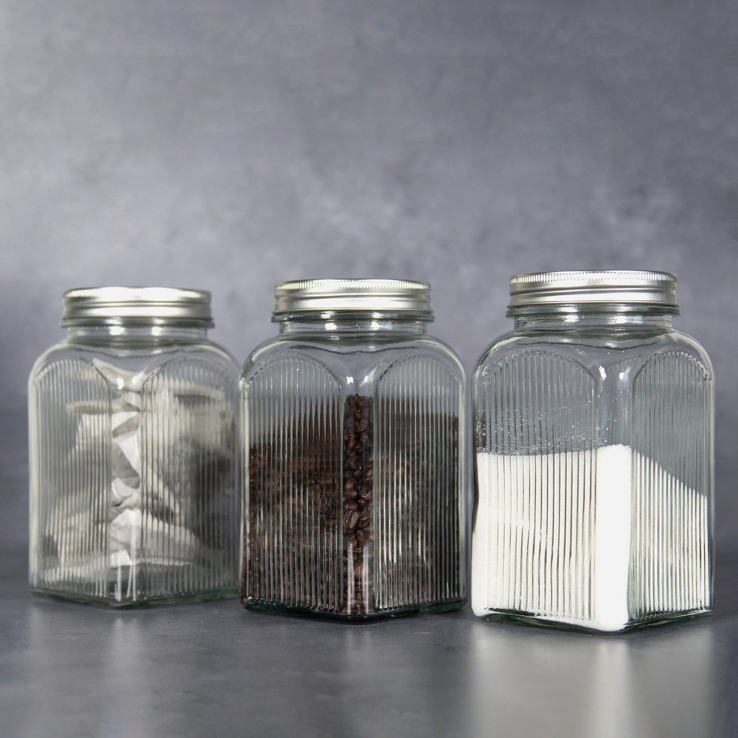 Set of 3 Square Ribbed Glass Storage Jars