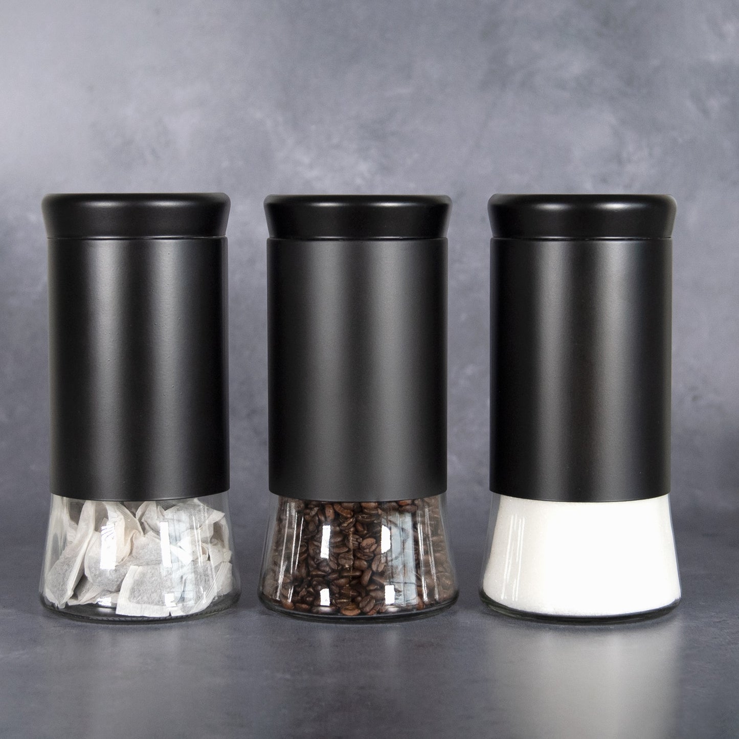 Set of 3 Tall Glass Storage Jars with Matt Black Surrounds