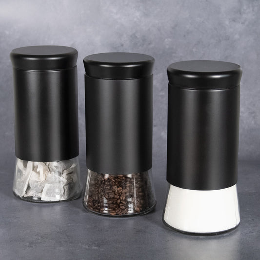 Set of 3 Tall Glass Storage Jars with Matt Black Surrounds