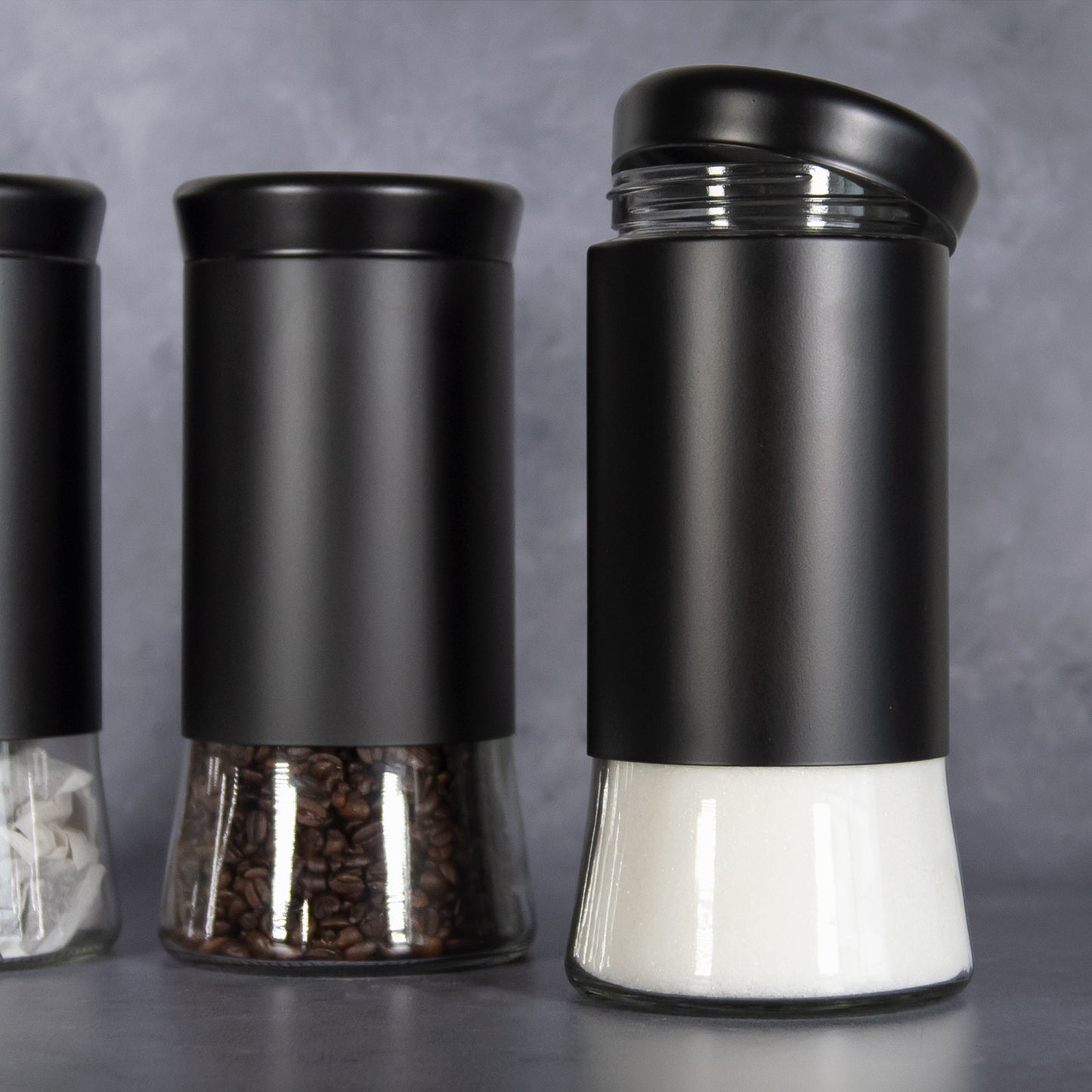 Set of 3 Tall Glass Storage Jars with Matt Black Surrounds