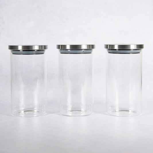 3 x 950ml Borosilicate Glass Canisters with Airtight Lids - Suitable for storing tea coffee and sugar