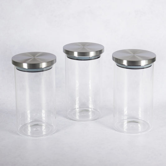 3 x 950ml Borosilicate Glass Canisters with Airtight Lids - Suitable for storing tea coffee and sugar
