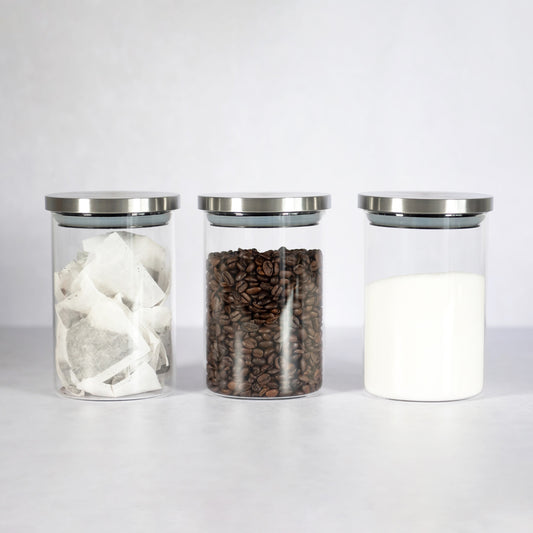 Set of 3 Glass Canisters with Silver Airtight Lids 800ml
