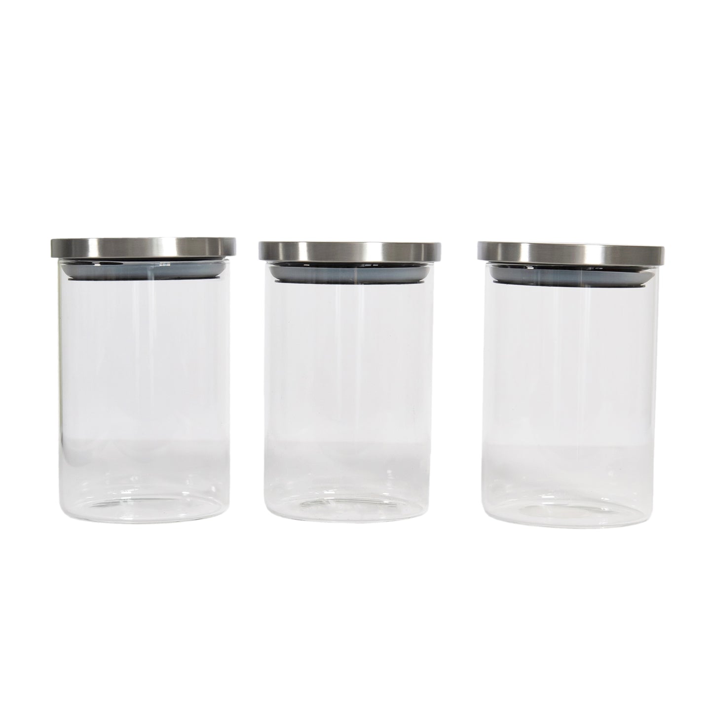 Set of 3 Glass Canisters with Silver Airtight Lids 800ml
