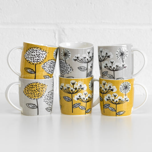 Set of 6 Grey & Yellow Floral Meadow Coffee Mugs