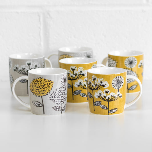 Set of 6 Grey & Yellow Floral Meadow Coffee Mugs