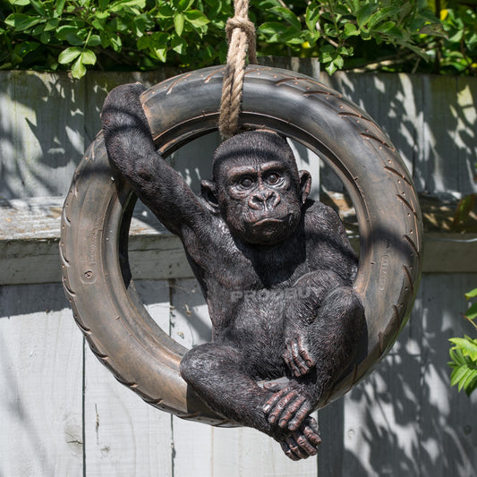 Gorilla on Tyre Swing Garden Ornament with Large Size & Rope Hanging