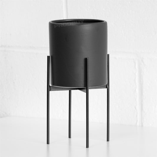 Black Indoor Ceramic Plant Pot with Stand