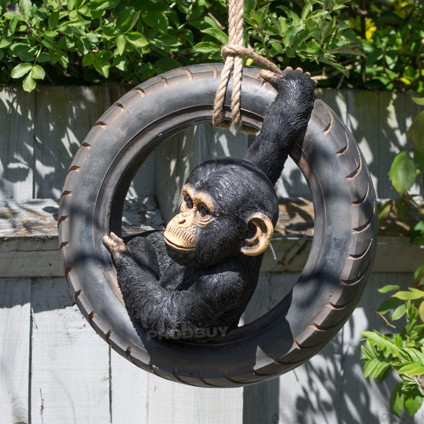 Large Chimpanzee on Tyre Swing Monkey Garden Ornament