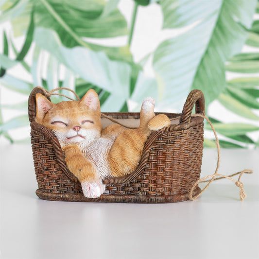 Hanging Ginger Cat In Basket Resin Garden Ornament