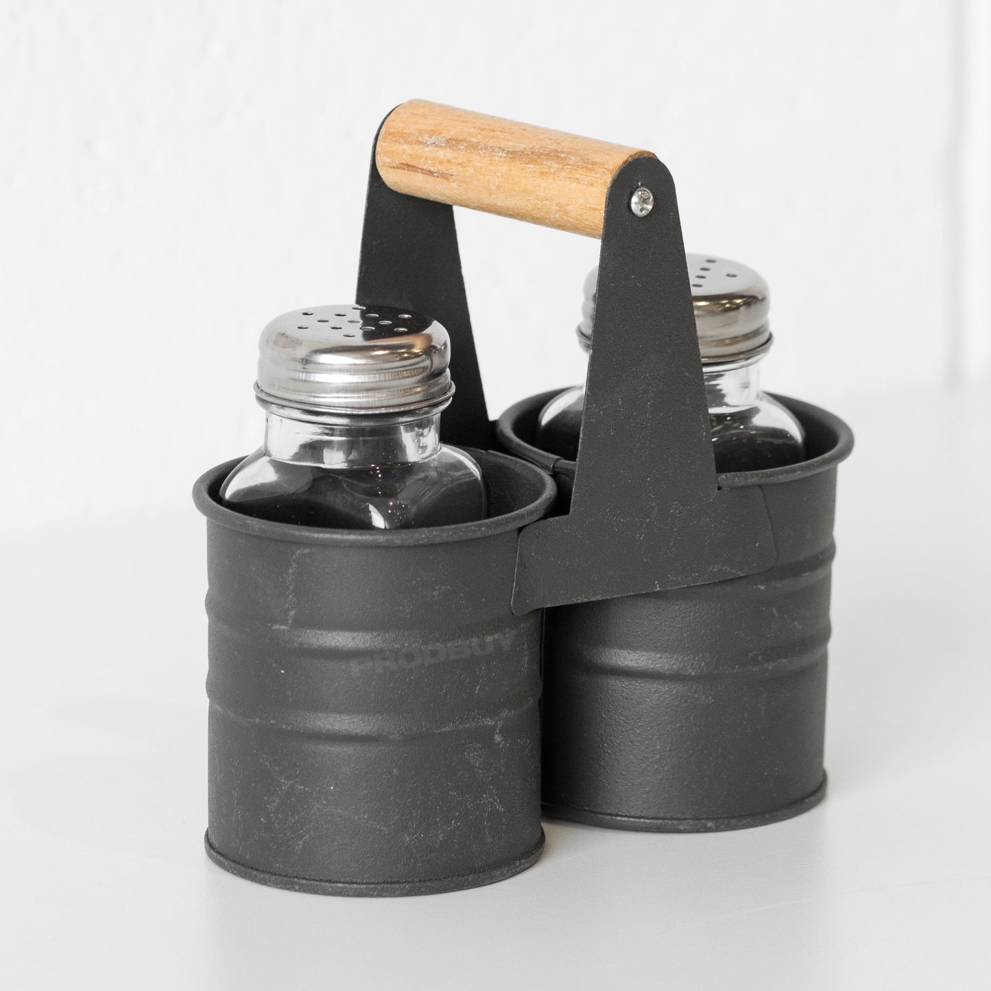 Glass Salt & Pepper Shaker Pots with Metal Caddy