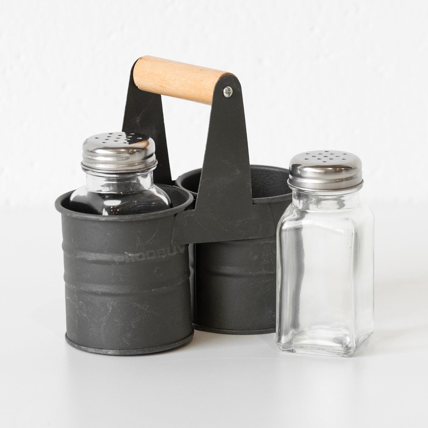 Glass Salt & Pepper Shaker Pots with Metal Caddy