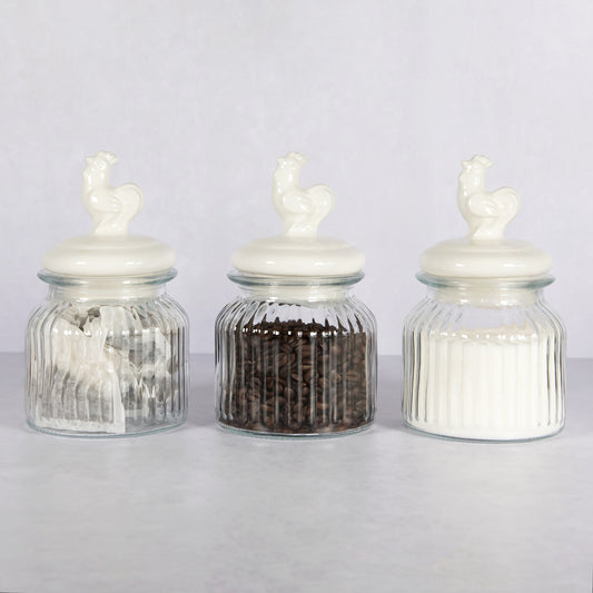 Set of 3 Ribbed Glass Jars with Ceramic Cockerel Lids