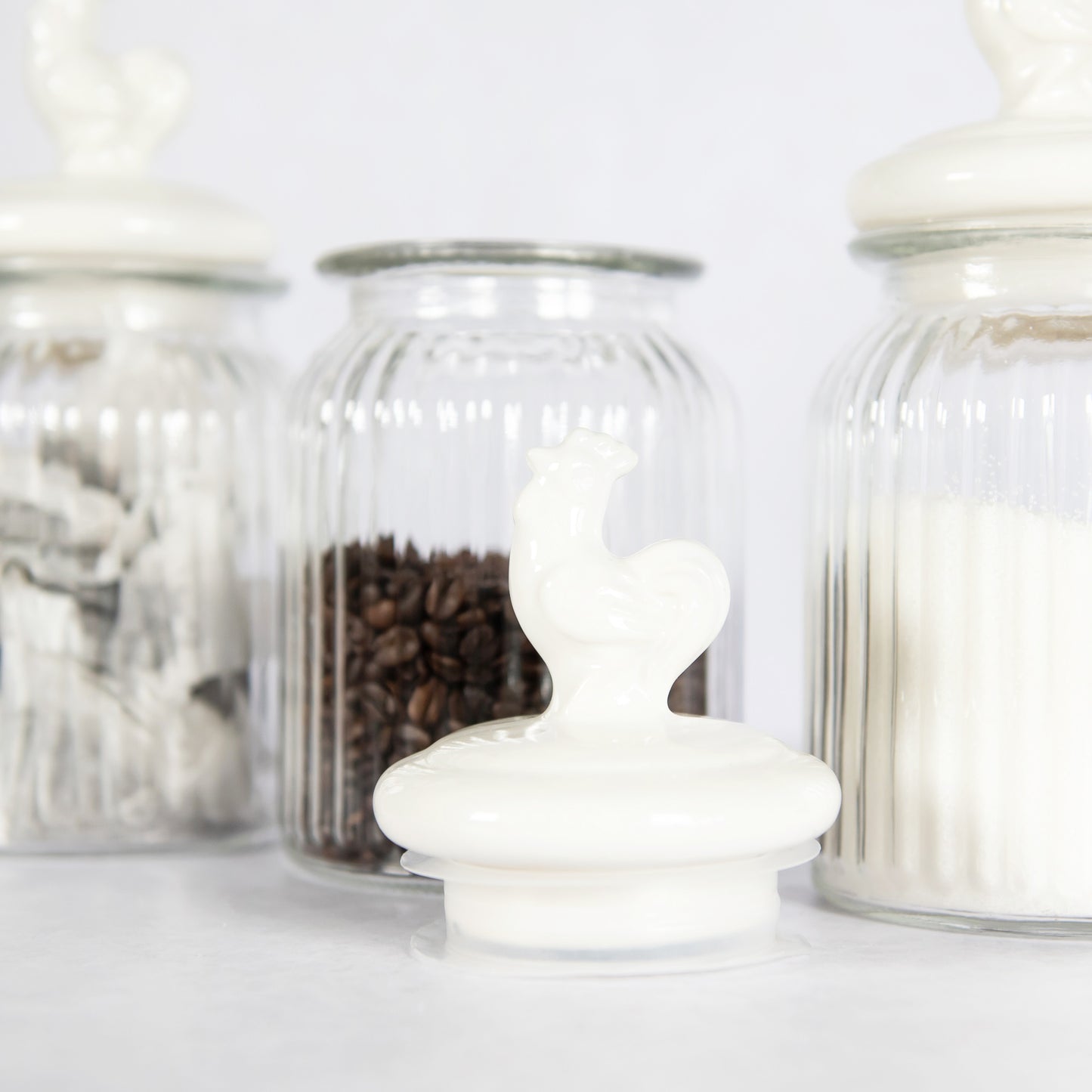 Set of 3 Ribbed Glass Jars with Ceramic Cockerel Lids