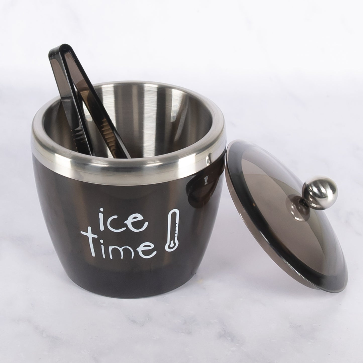 Brushed Stainless Steel Coloured Exterior Ice Bucket with Lid and Tongs