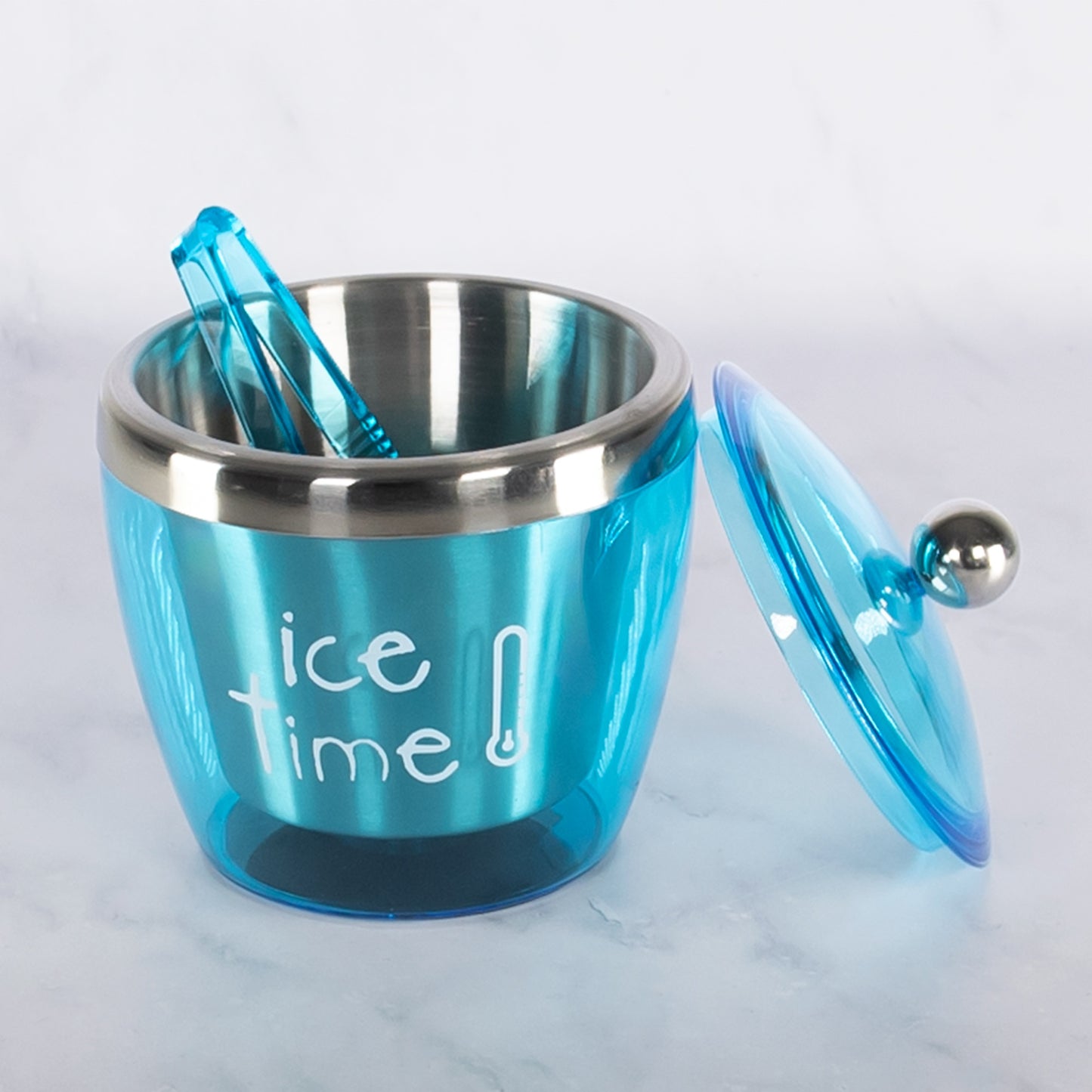 Brushed Stainless Steel Coloured Exterior Ice Bucket with Lid and Tongs