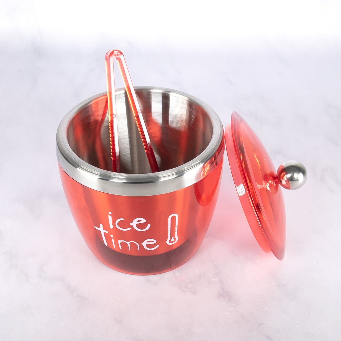 Brushed Stainless Steel Coloured Exterior Ice Bucket with Lid and Tongs